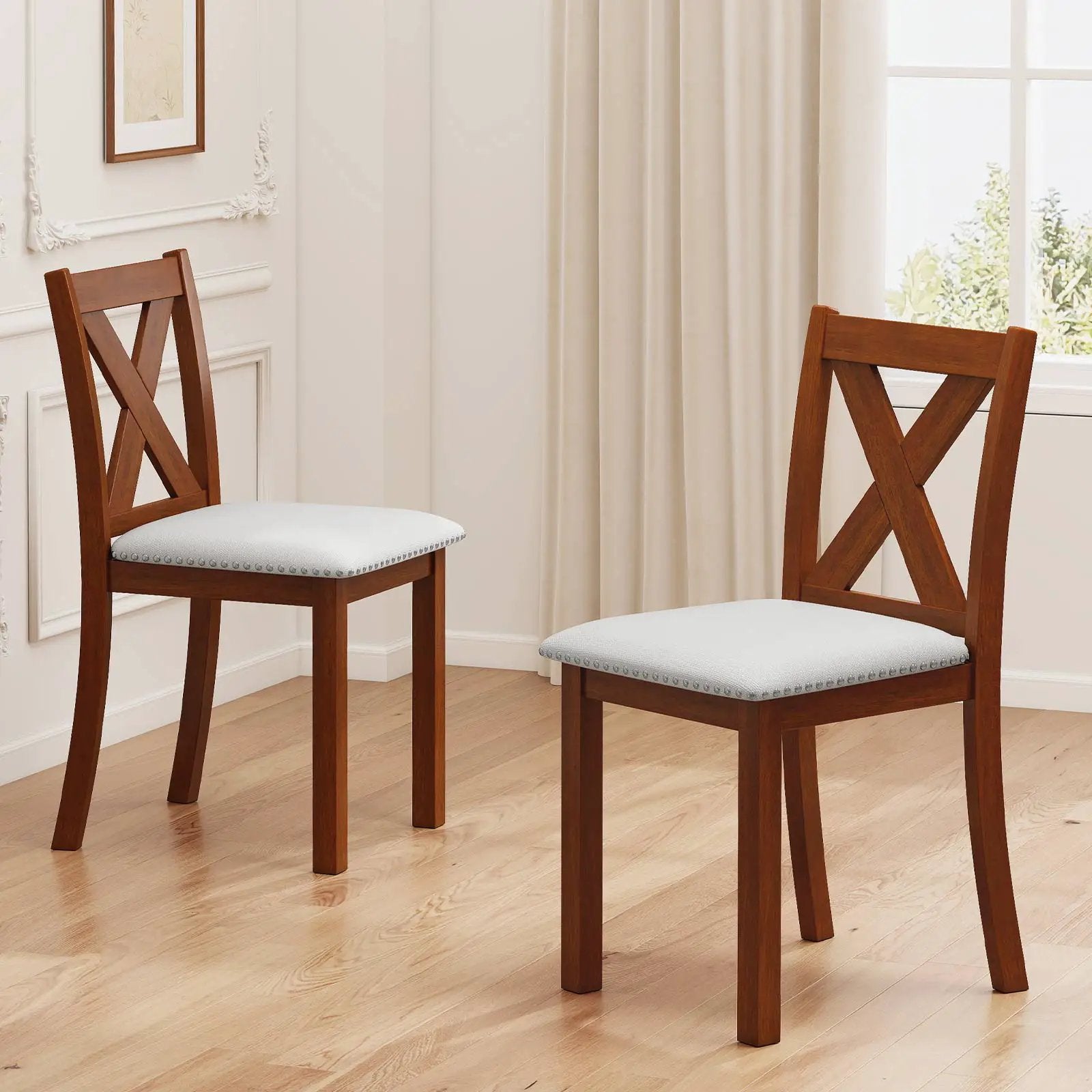 Wooden Dining Chair Set of 2 with Padded Seat and Curved Back-Beige by DirectDeals