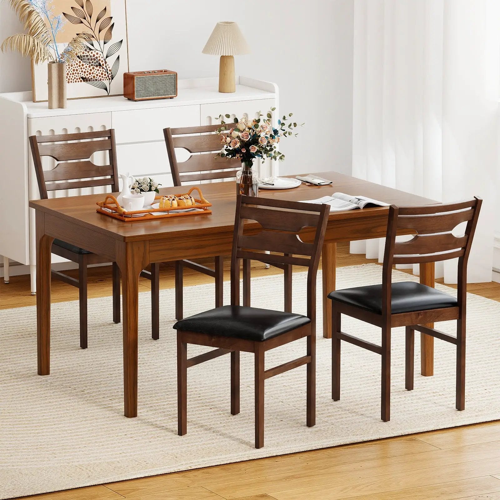 Wooden Dining Chair Set of 2 with PU Leather Padded Seat and Rubber Wood Frame-Walnut by DirectDeals