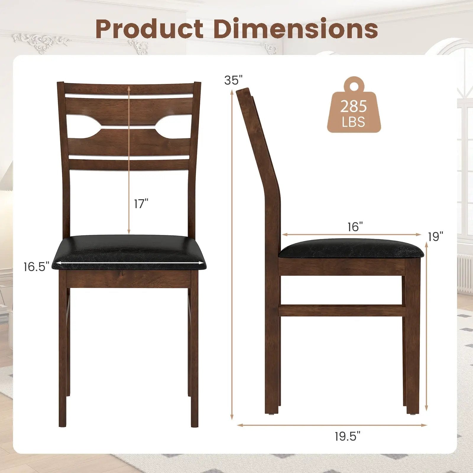 Wooden Dining Chair Set of 2 with PU Leather Padded Seat and Rubber Wood Frame-Walnut by DirectDeals