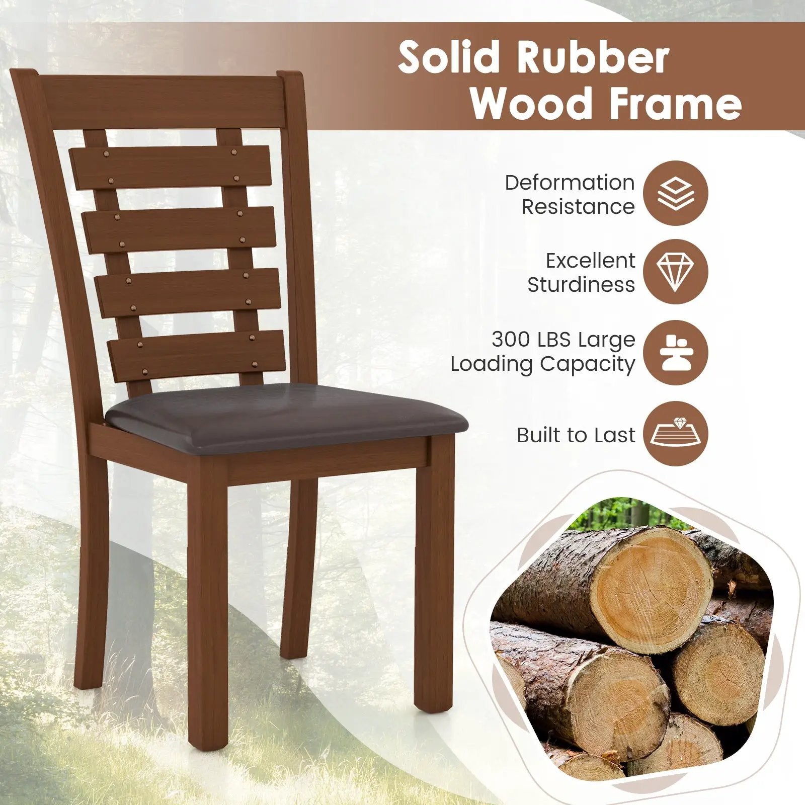 Wooden Dining Chairs Set of 2 with Upholstered Seat and Rubber Wood Frame-Brown by DirectDeals