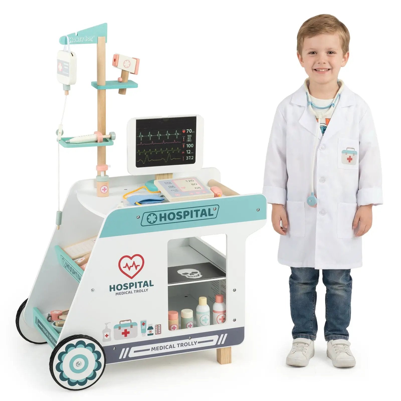 Wooden Doctor Playset for Kids Pretend Play Doctor Kit with Cart Gift for Toddlers Boys Girls Aged 3+ by DirectDeals