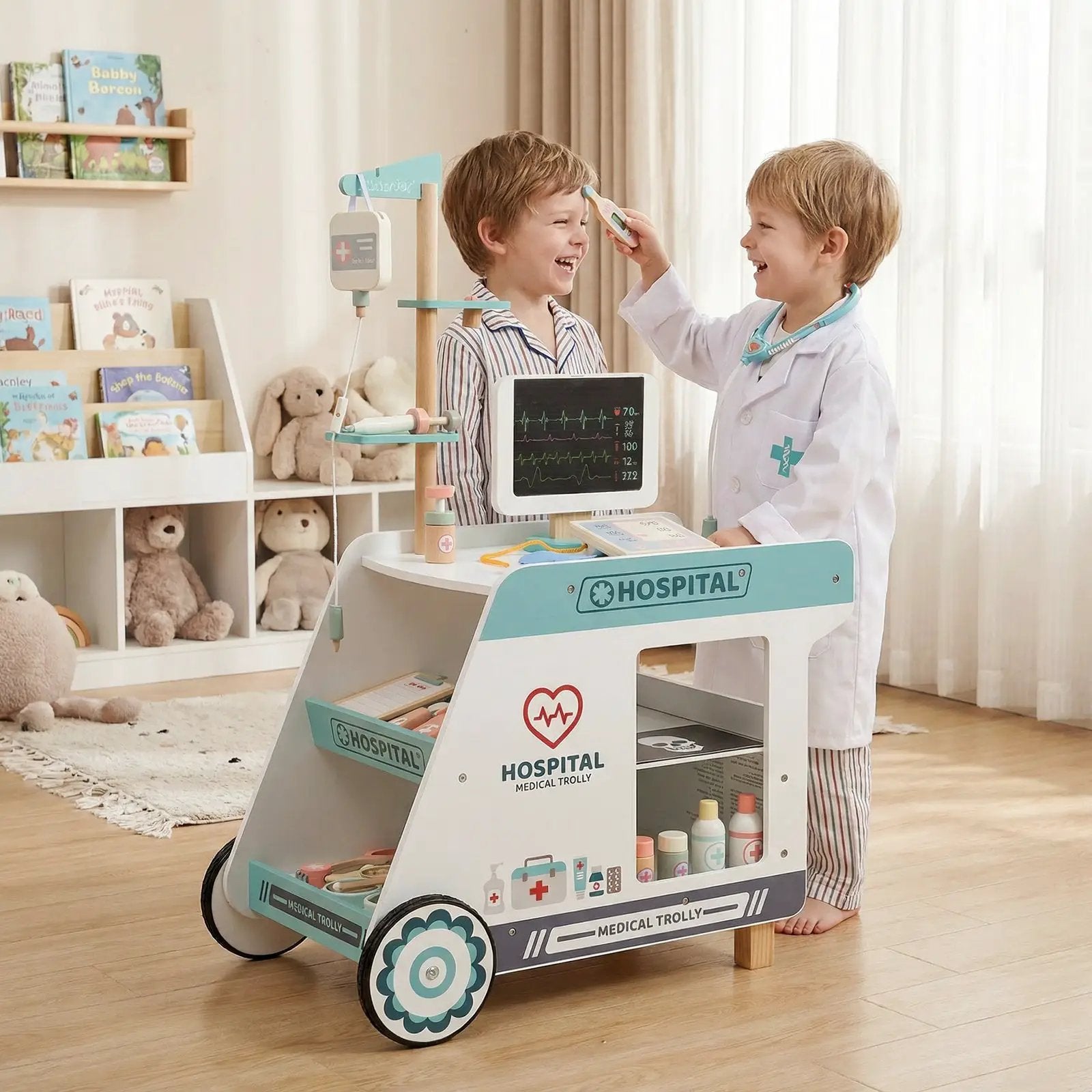 Wooden Doctor Playset for Kids Pretend Play Doctor Kit with Cart Gift for Toddlers Boys Girls Aged 3+ by DirectDeals