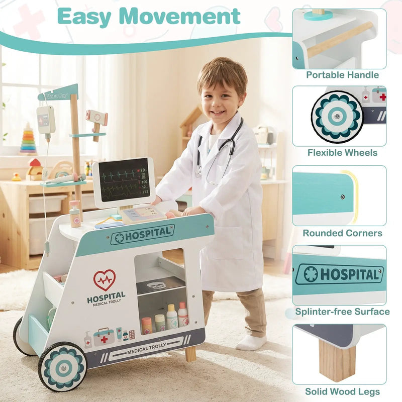 Wooden Doctor Playset for Kids Pretend Play Doctor Kit with Cart Gift for Toddlers Boys Girls Aged 3+ by DirectDeals