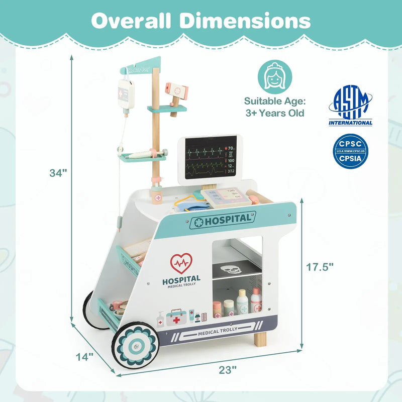 Wooden Doctor Playset for Kids Pretend Play Doctor Kit with Cart Gift for Toddlers Boys Girls Aged 3+ by DirectDeals