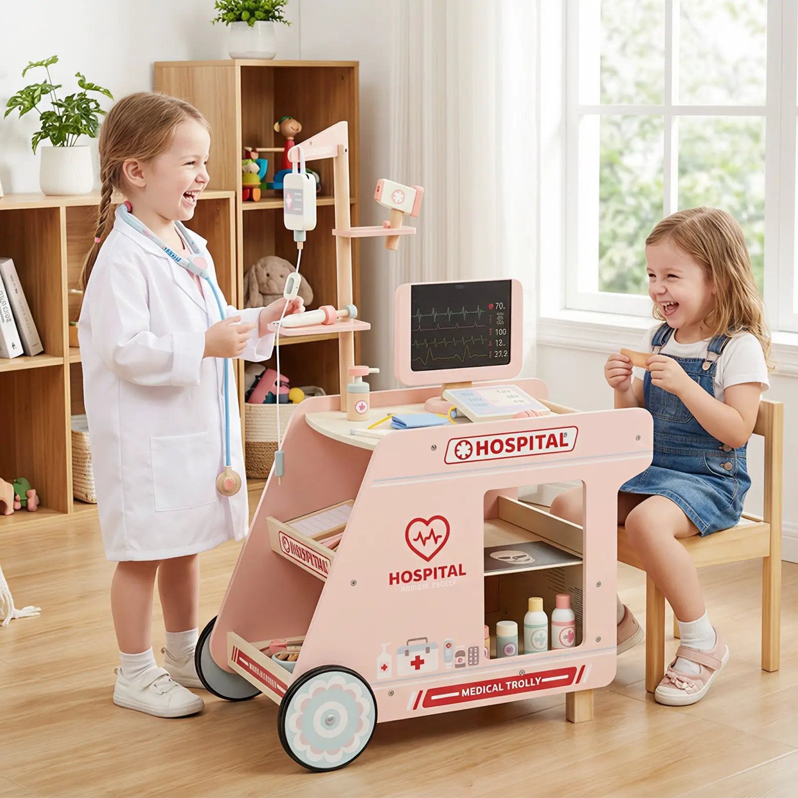 Wooden Doctor Playset for Kids Pretend Play Doctor Kit with Cart Gift for Toddlers Boys Girls Aged 3+ by DirectDeals