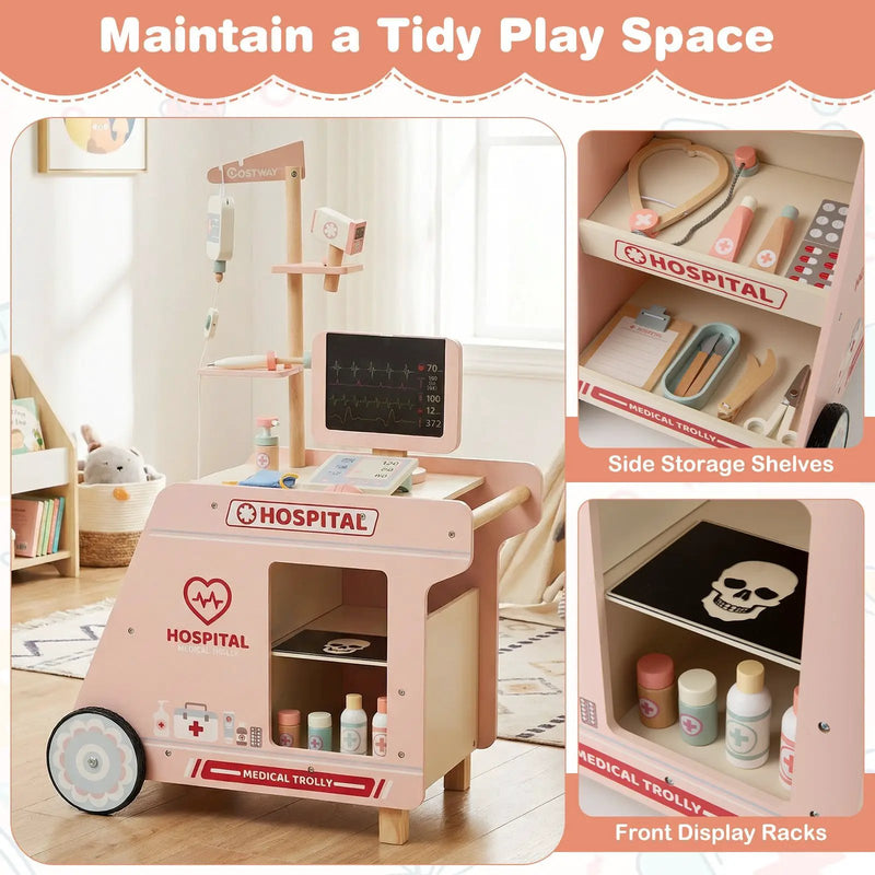 Wooden Doctor Playset for Kids Pretend Play Doctor Kit with Cart Gift for Toddlers Boys Girls Aged 3+ by DirectDeals