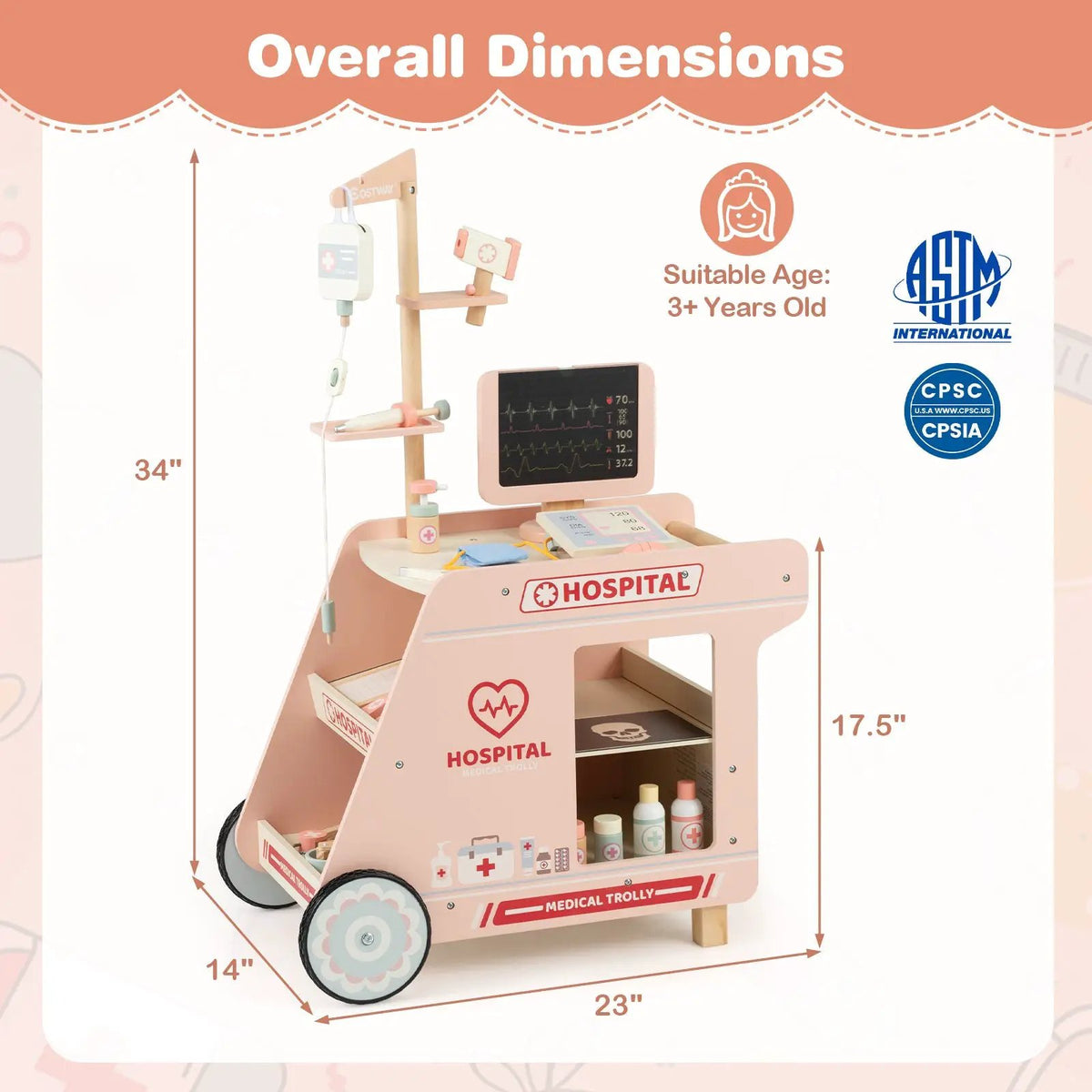 Wooden Doctor Playset for Kids Pretend Play Doctor Kit with Cart Gift for Toddlers Boys Girls Aged 3+, photo 7 of 16