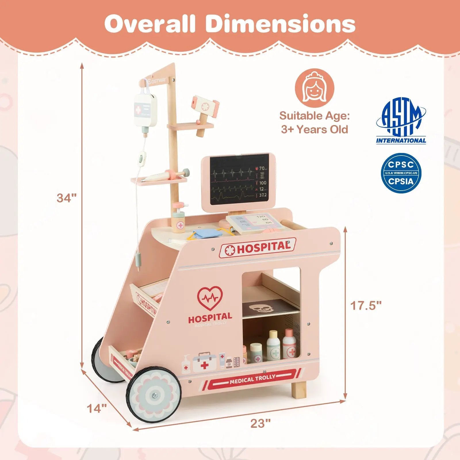 Wooden Doctor Playset for Kids Pretend Play Doctor Kit with Cart Gift for Toddlers Boys Girls Aged 3+ by DirectDeals