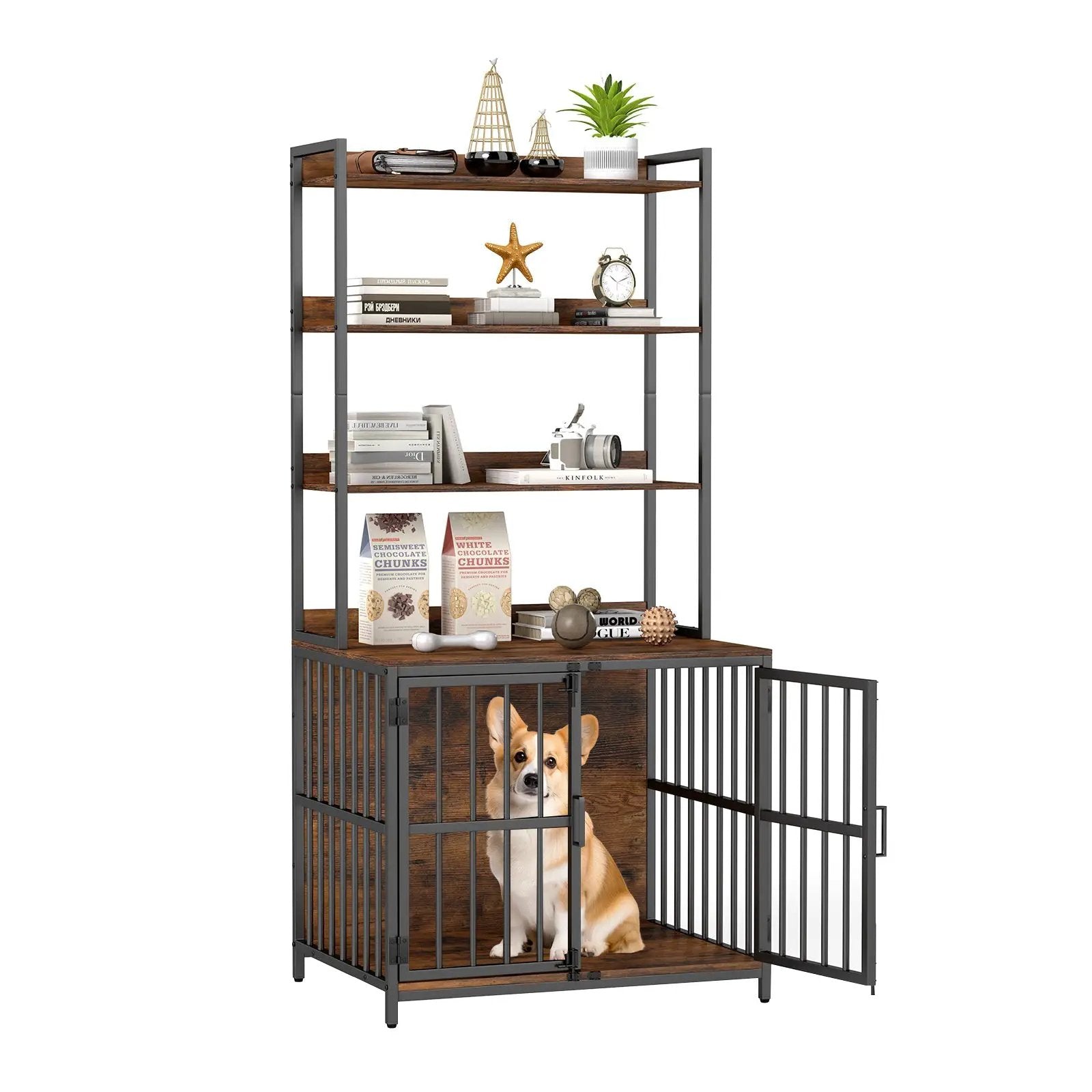 Wooden Dog Crate Furniture with Storage Shelves and Double Doors-Rustic Brown by DirectDeals