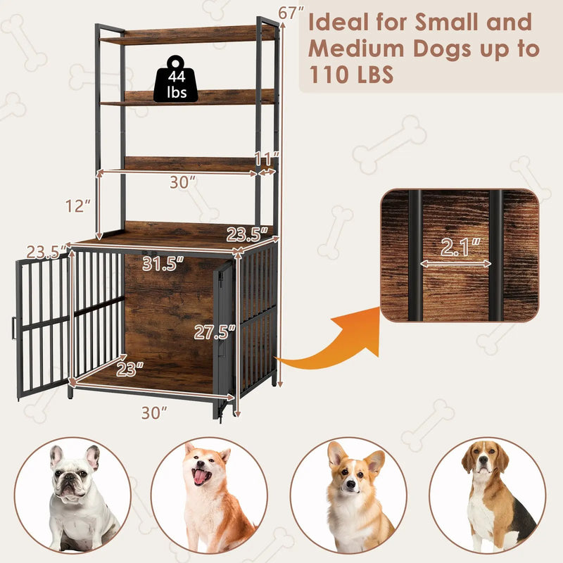 Wooden Dog Crate Furniture with Storage Shelves and Double Doors-Rustic Brown by DirectDeals