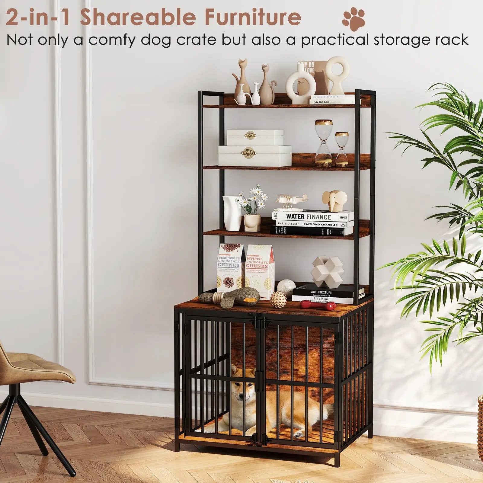 Wooden Dog Crate Furniture with Storage Shelves and Double Doors-Rustic Brown by DirectDeals
