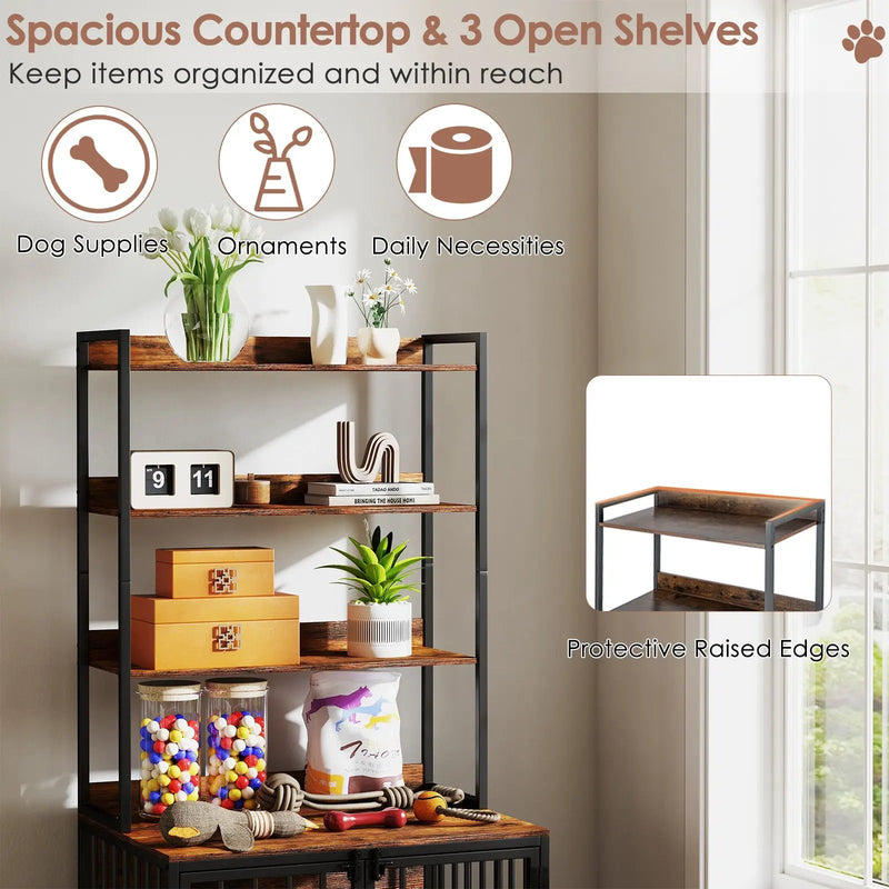 Wooden Dog Crate Furniture with Storage Shelves and Double Doors-Rustic Brown by DirectDeals