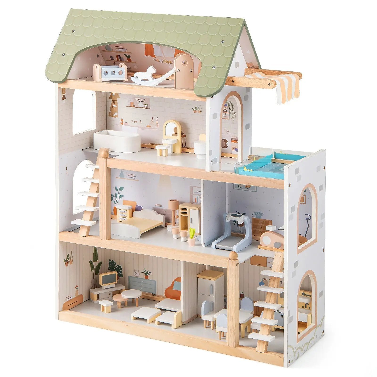 Wooden Dollhouse Kids DIY Pretend Playhouse with 33 PCS Furniture Accessories-Green by DirectDeals