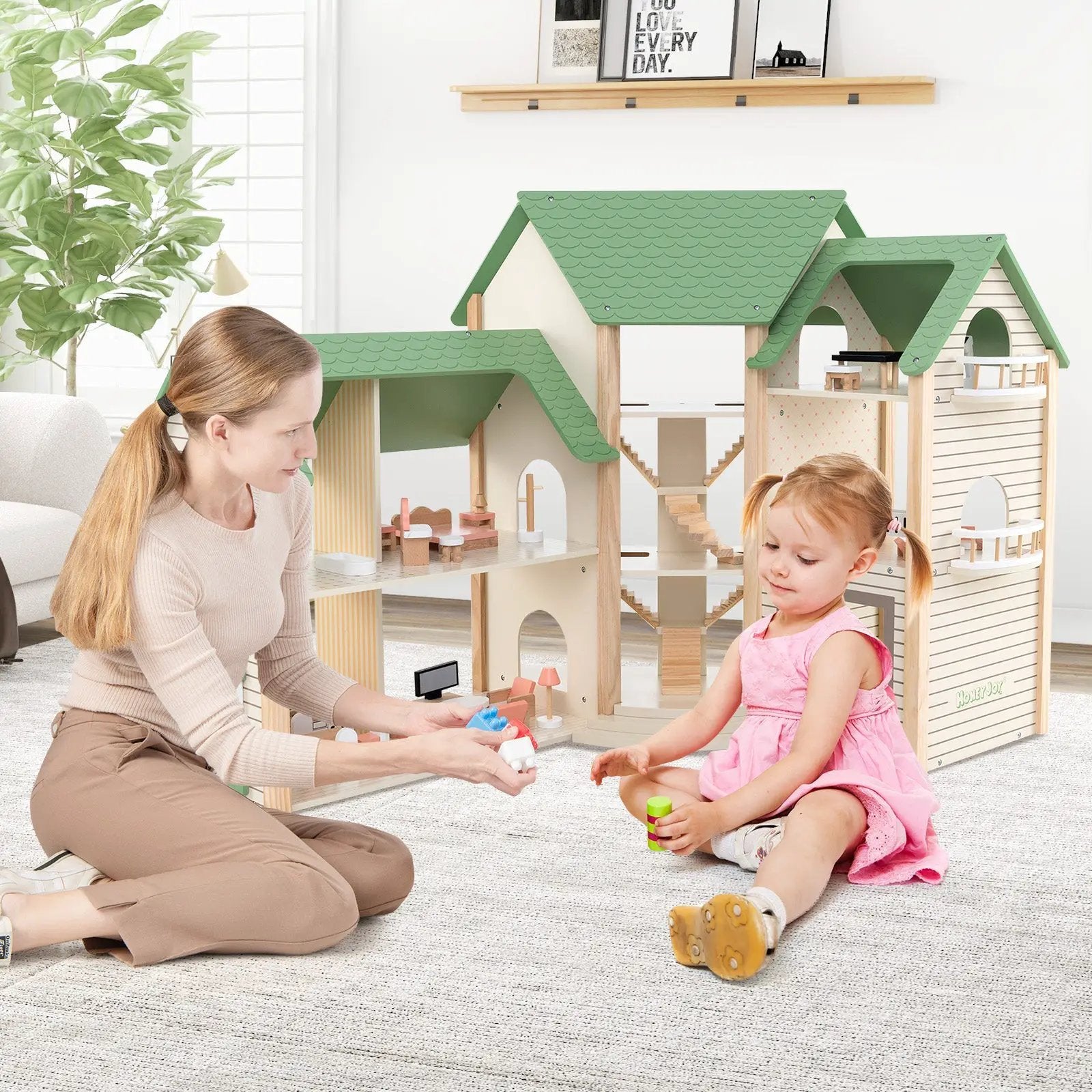 Wooden Corner Dollhouse Playset with 6 Rooms and 36 Pieces for Kids 3+ Years Old-Green by DirectDeals
