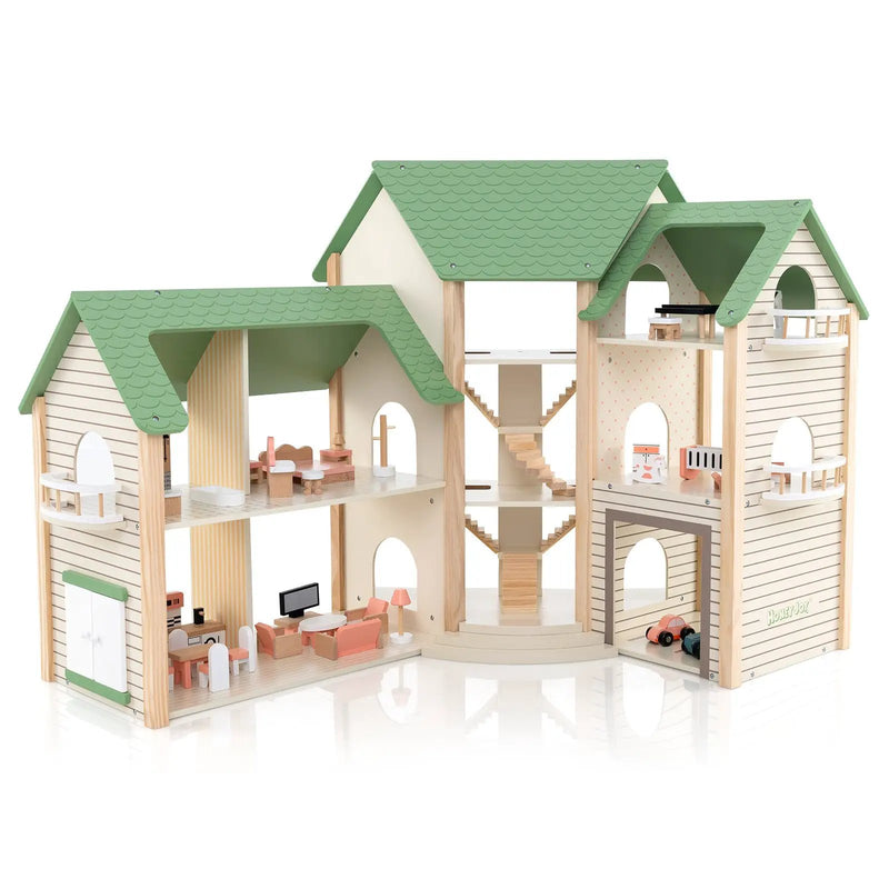 Wooden Corner Dollhouse Playset with 6 Rooms and 36 Pieces for Kids 3+ Years Old-Green by DirectDeals