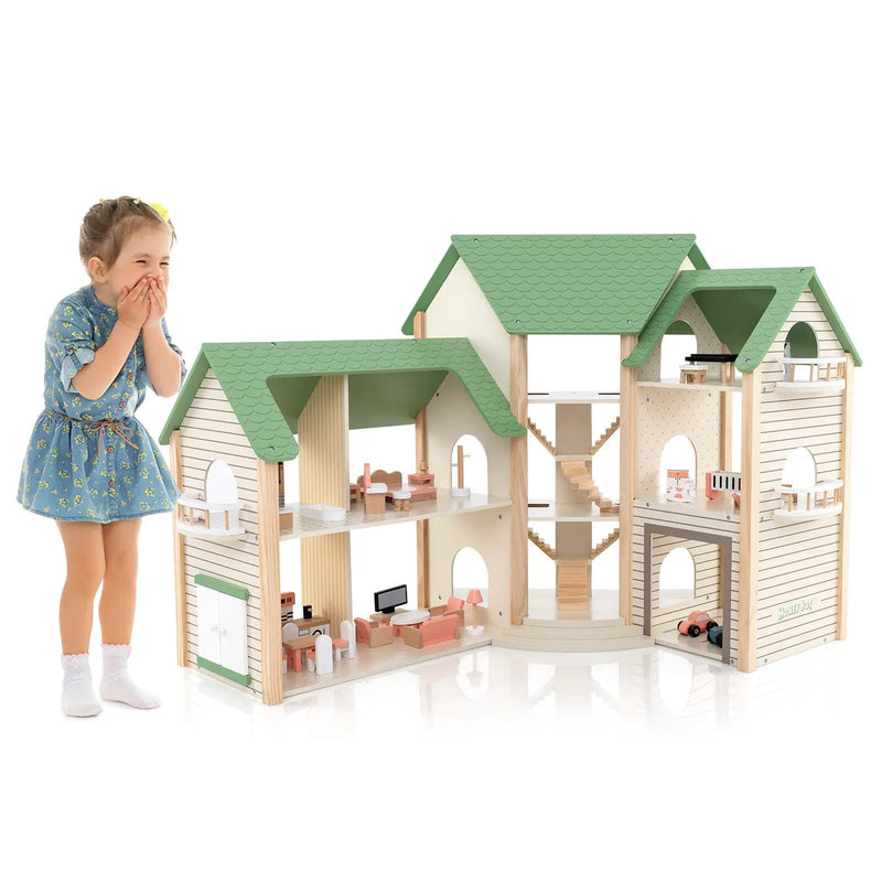 Wooden Corner Dollhouse Playset with 6 Rooms and 36 Pieces for Kids 3+ Years Old-Green by DirectDeals
