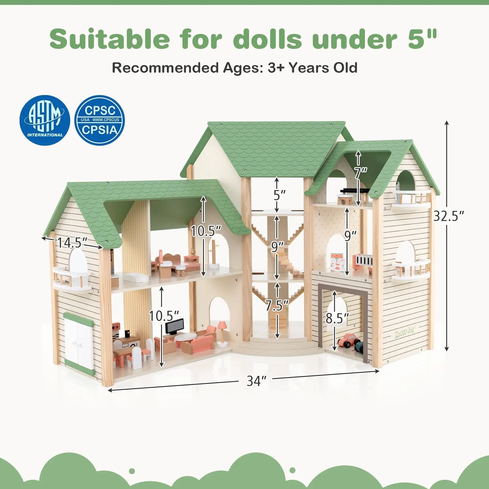 Wooden Corner Dollhouse Playset with 6 Rooms and 36 Pieces for Kids 3+ Years Old-Green by DirectDeals