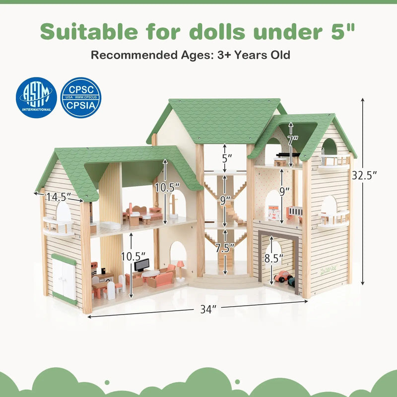 Wooden Corner Dollhouse Playset with 6 Rooms and 36 Pieces for Kids 3+ Years Old-Green by DirectDeals