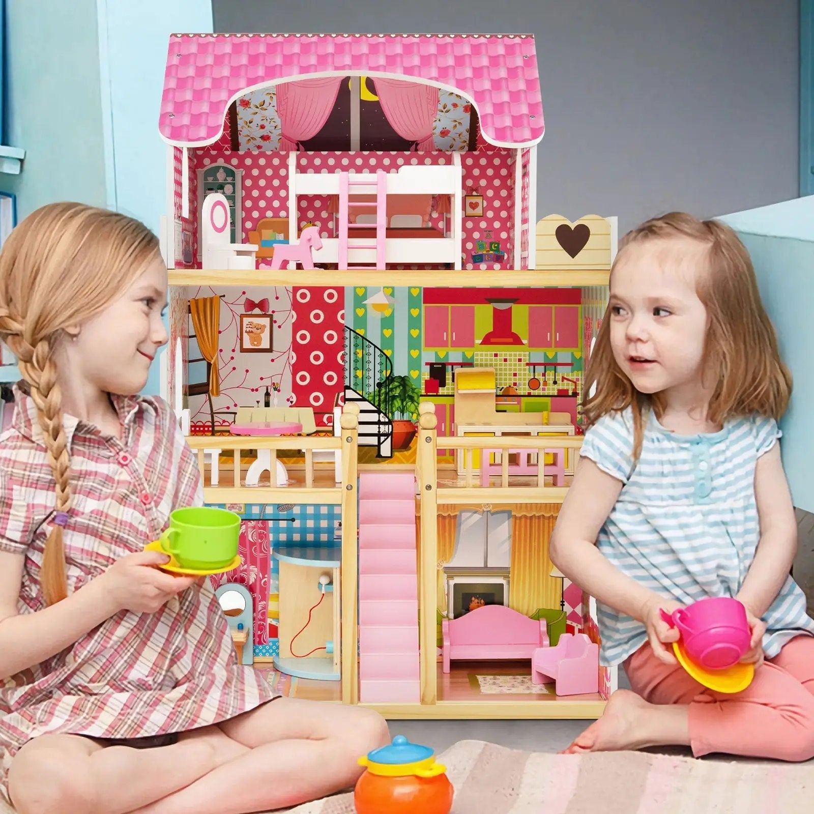 Doll House Playset with 3 Stories and 6 Simulated Rooms and 15 Pieces of Furniture-Pink by DirectDeals