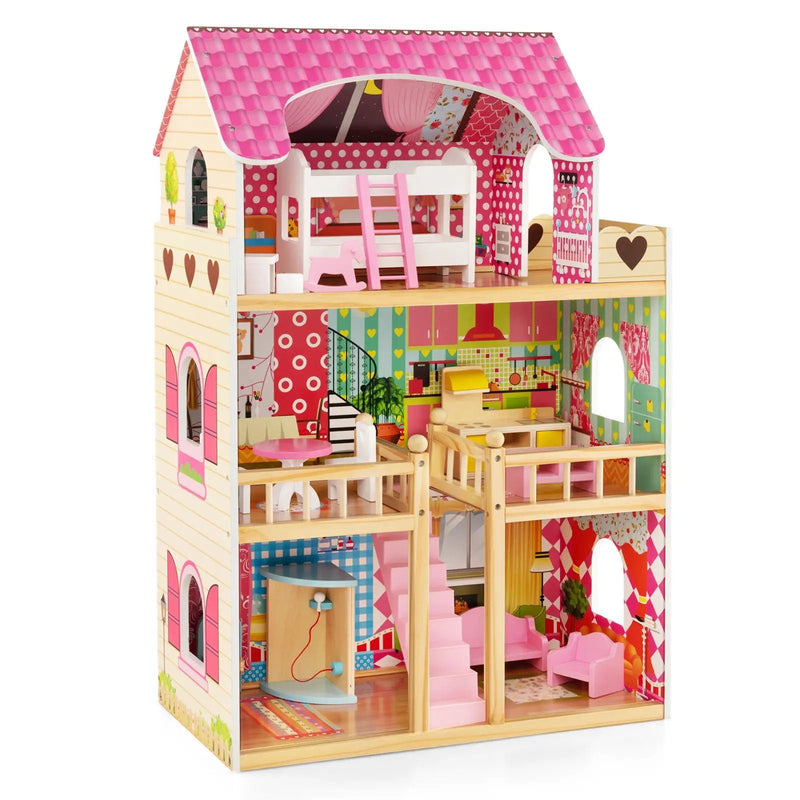 Doll House Playset with 3 Stories and 6 Simulated Rooms and 15 Pieces of Furniture-Pink by DirectDeals