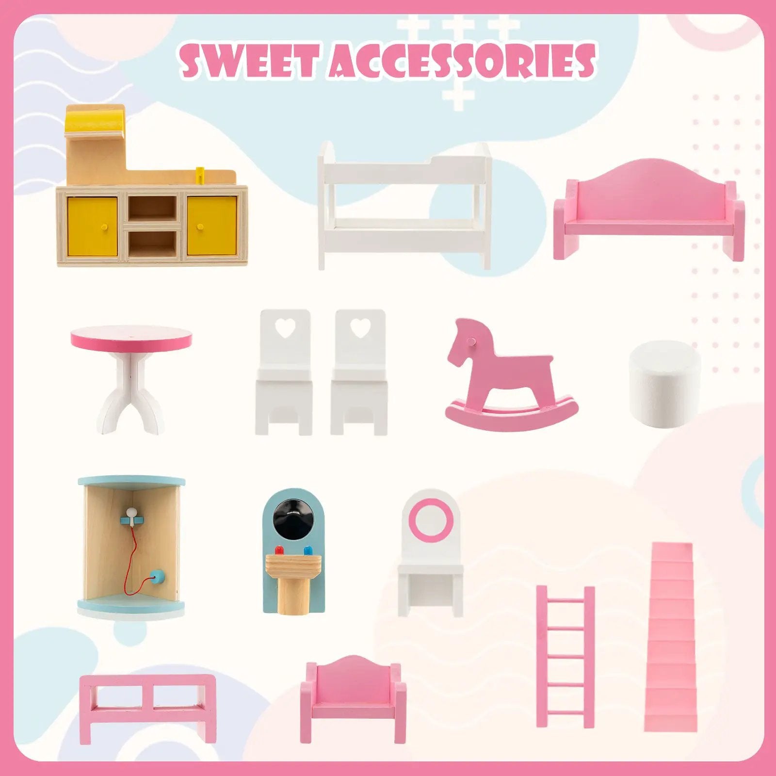 Doll House Playset with 3 Stories and 6 Simulated Rooms and 15 Pieces of Furniture-Pink by DirectDeals