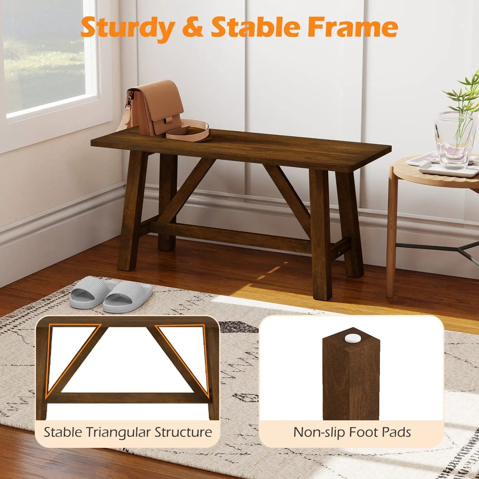 Wooden Entryway Bench Farmhouse Dining Bench with 400 LBS Weight Capacity-Brown by DirectDeals