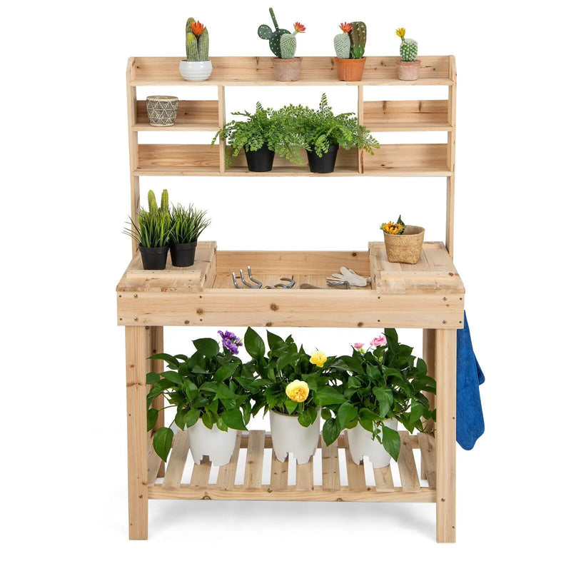 Large Garden Potting Bench Table with Display Rack and Hidden Sink-Natural by DirectDeals