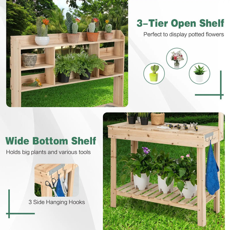 Large Garden Potting Bench Table with Display Rack and Hidden Sink-Natural by DirectDeals