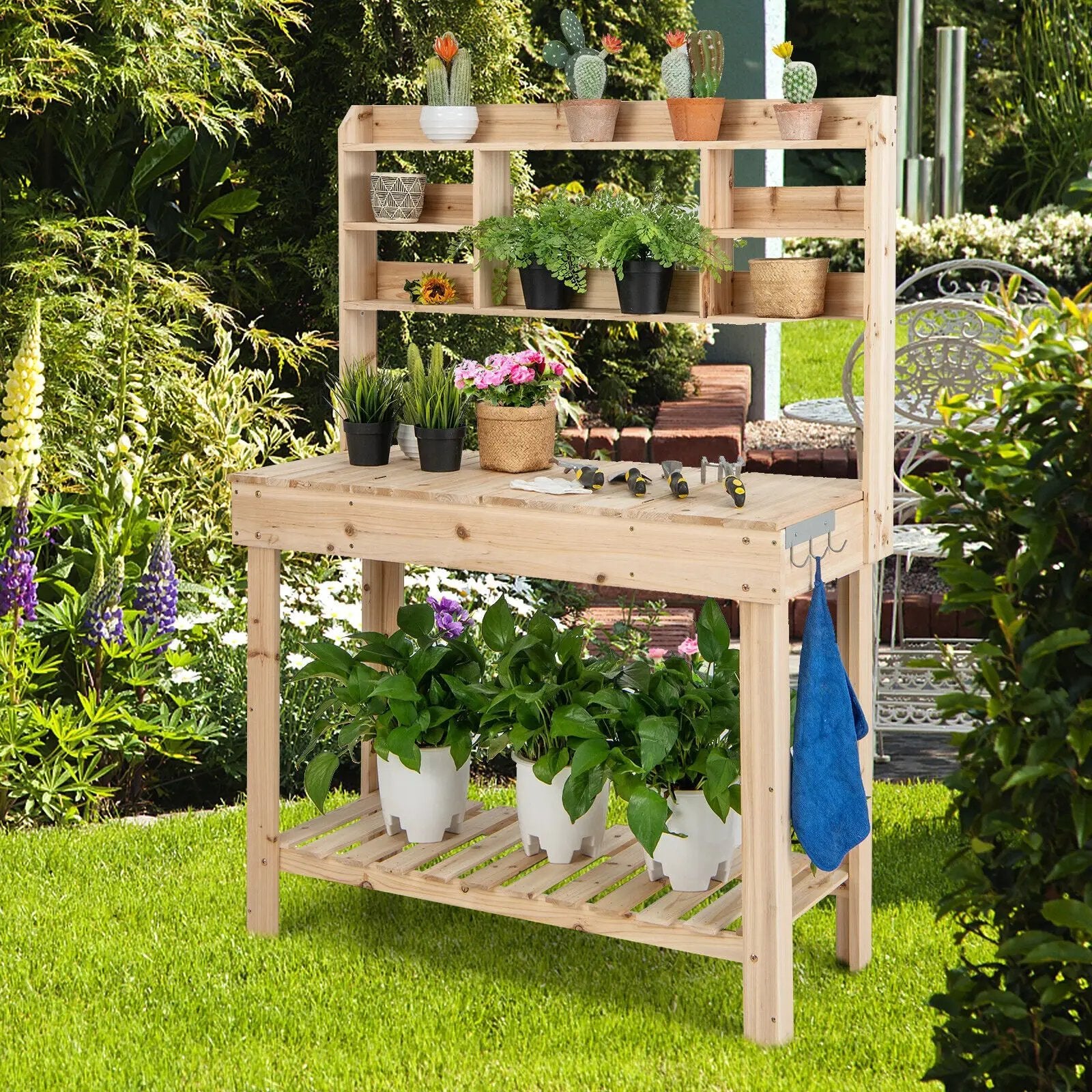 Large Garden Potting Bench Table with Display Rack and Hidden Sink-Natural by DirectDeals