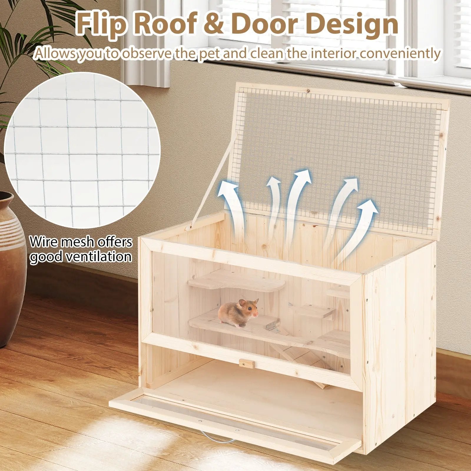 Wooden Hamster Cage with Mesh Flip Roof-Natural by DirectDeals