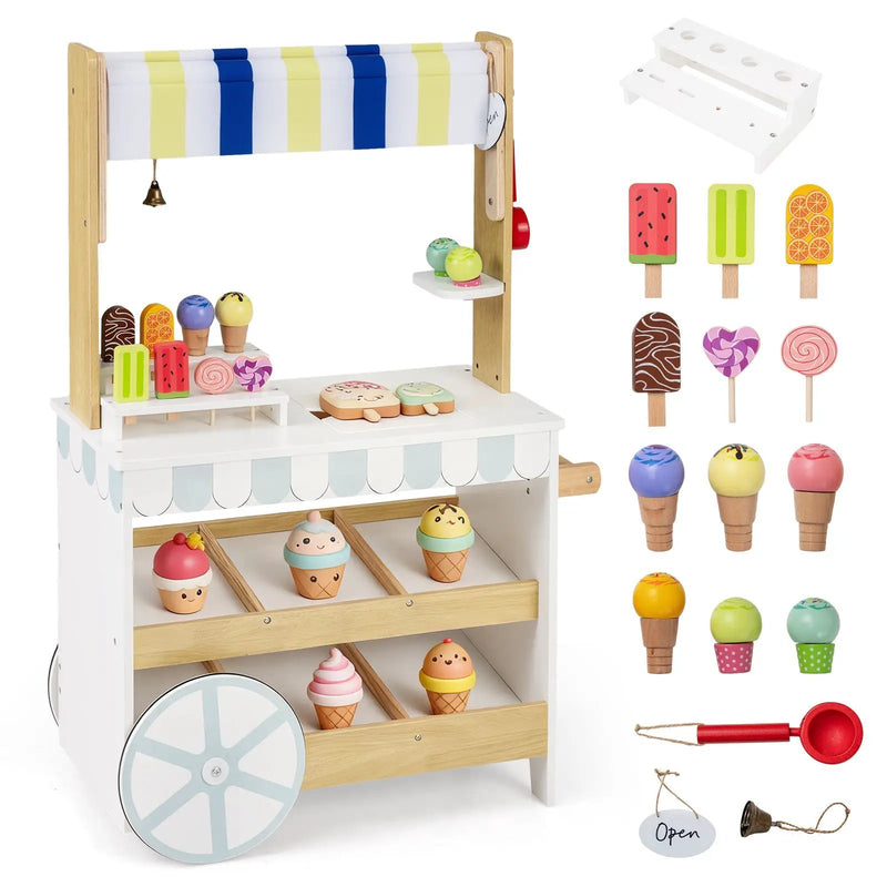 Wooden Ice Cream Cart for Kids 2-in-1 Grocery Store Playset with Display Shelves-White by DirectDeals