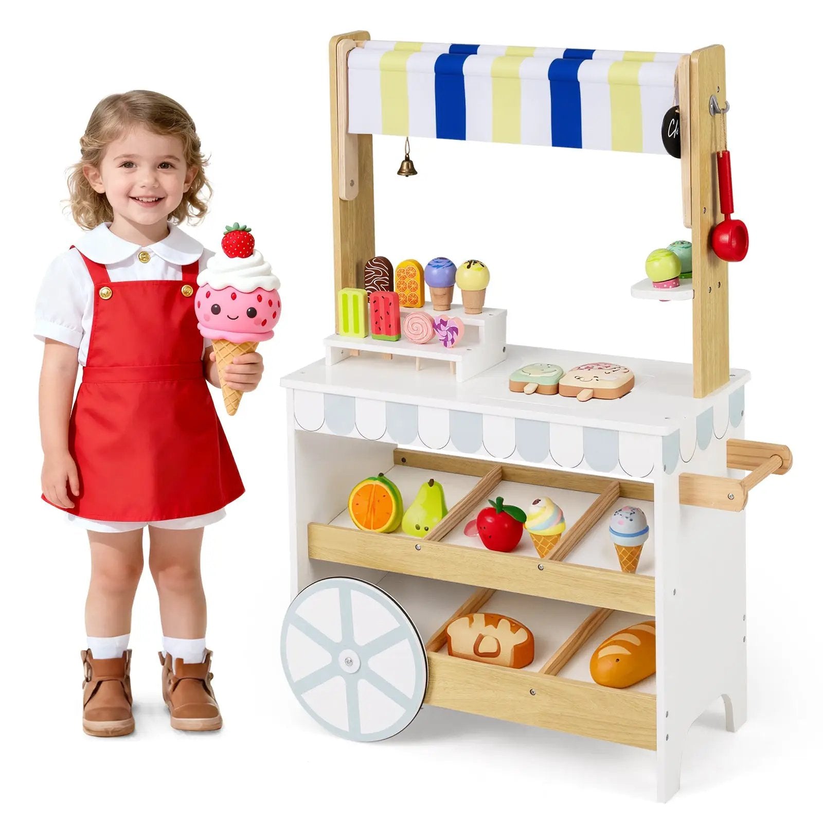 Wooden Ice Cream Cart for Kids 2-in-1 Grocery Store Playset with Display Shelves-White by DirectDeals