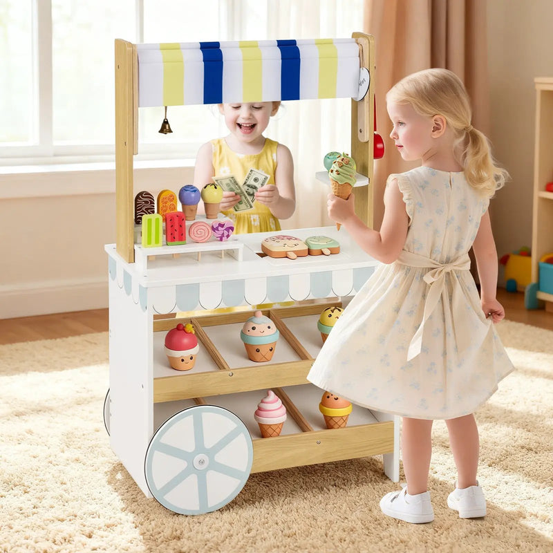 Wooden Ice Cream Cart for Kids 2-in-1 Grocery Store Playset with Display Shelves-White by DirectDeals