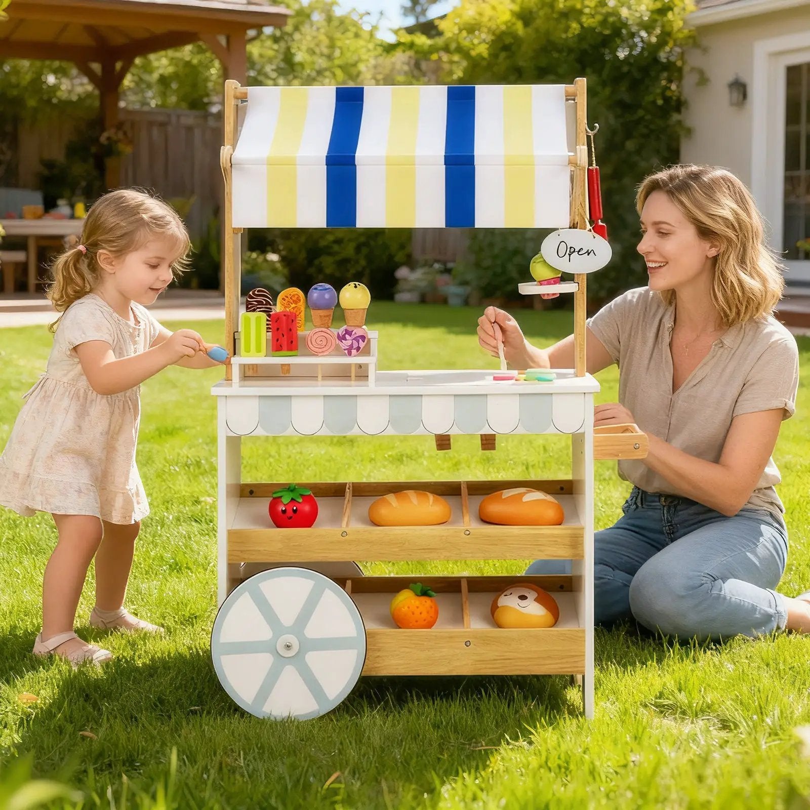 Wooden Ice Cream Cart for Kids 2-in-1 Grocery Store Playset with Display Shelves-White by DirectDeals