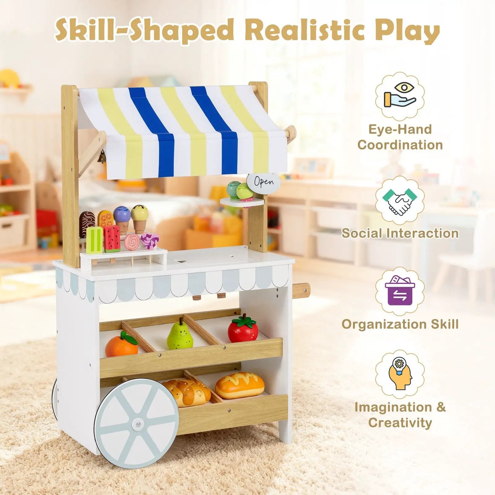 Wooden Ice Cream Cart for Kids 2-in-1 Grocery Store Playset with Display Shelves-White by DirectDeals