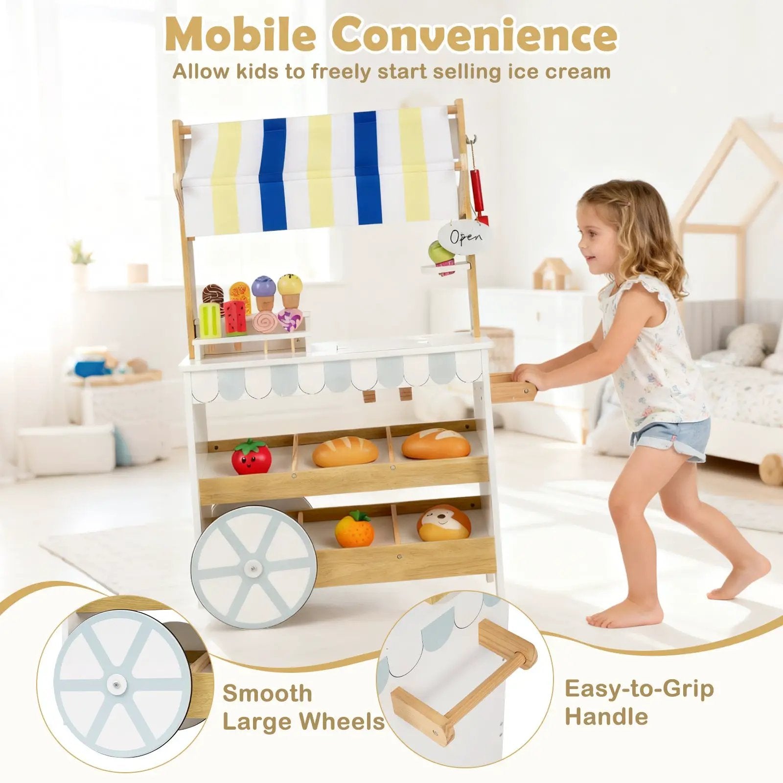 Wooden Ice Cream Cart for Kids 2-in-1 Grocery Store Playset with Display Shelves-White by DirectDeals