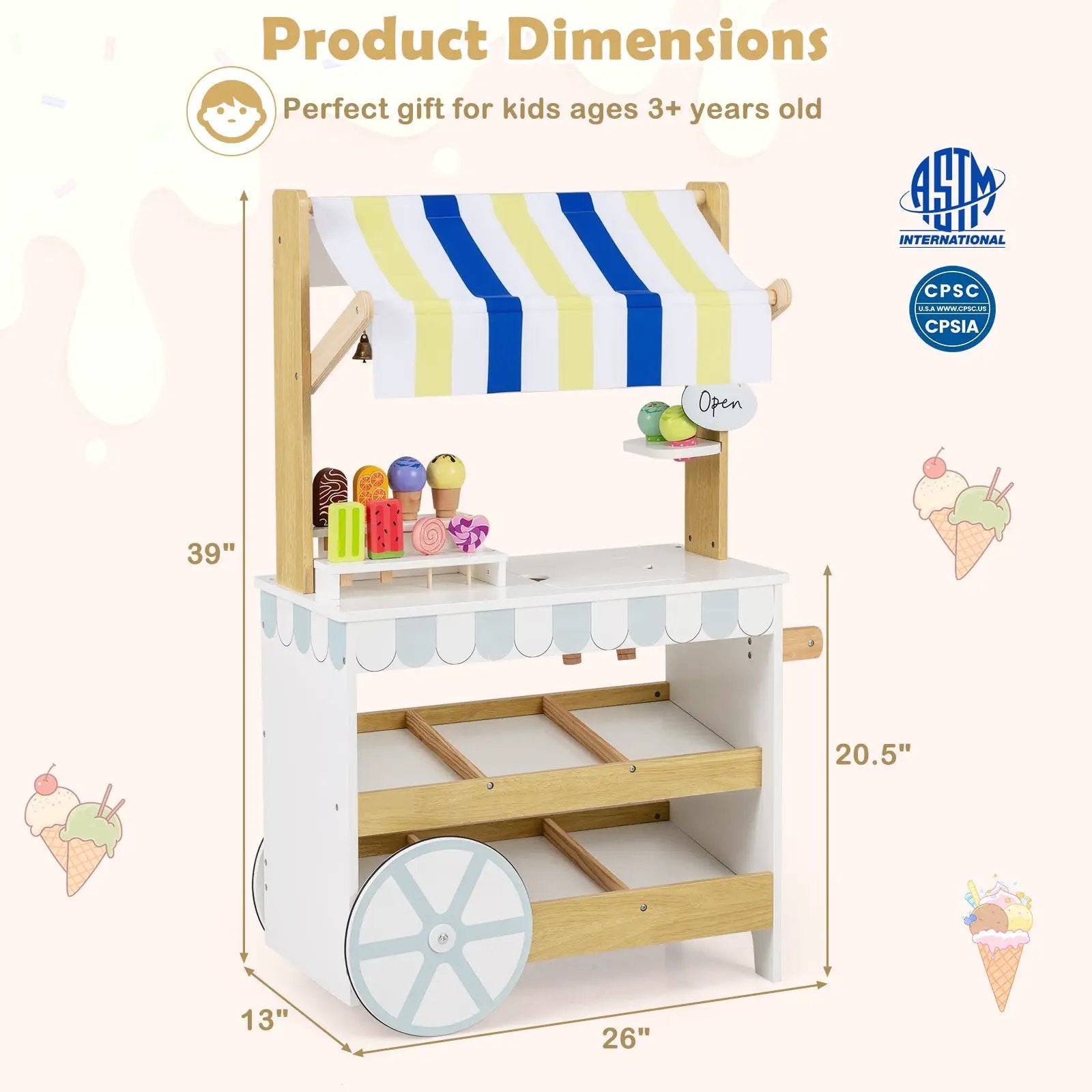 Wooden Ice Cream Cart for Kids 2-in-1 Grocery Store Playset with Display Shelves-White by DirectDeals