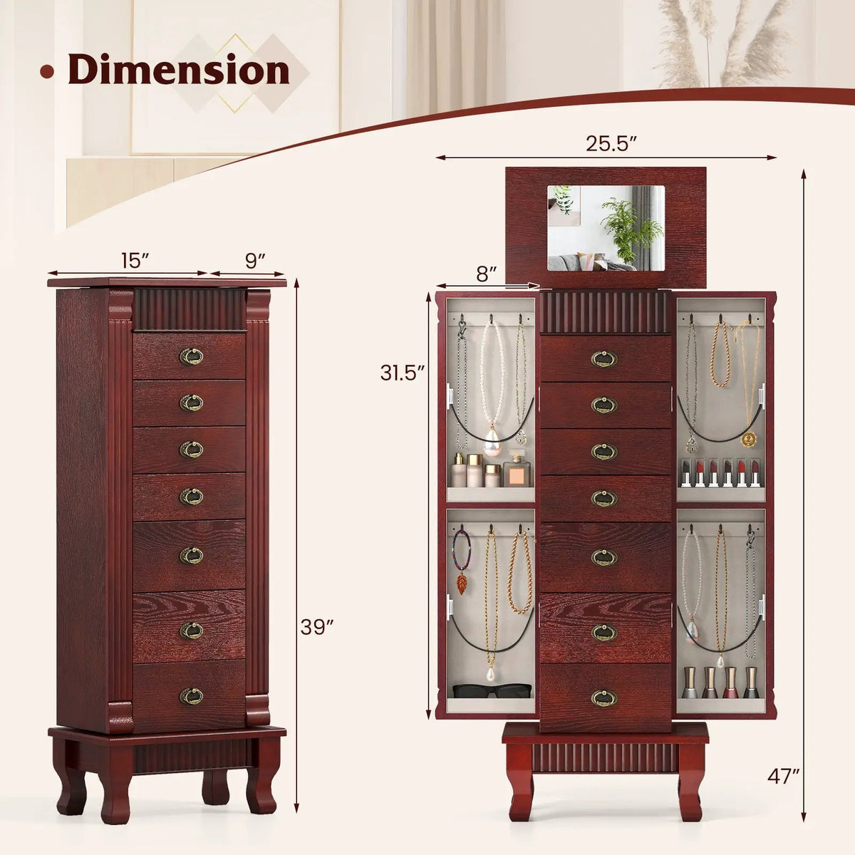 Wooden Jewelry Armoire Cabinet Storage Chest with Drawers and Swing Doors, photo 20 of 32