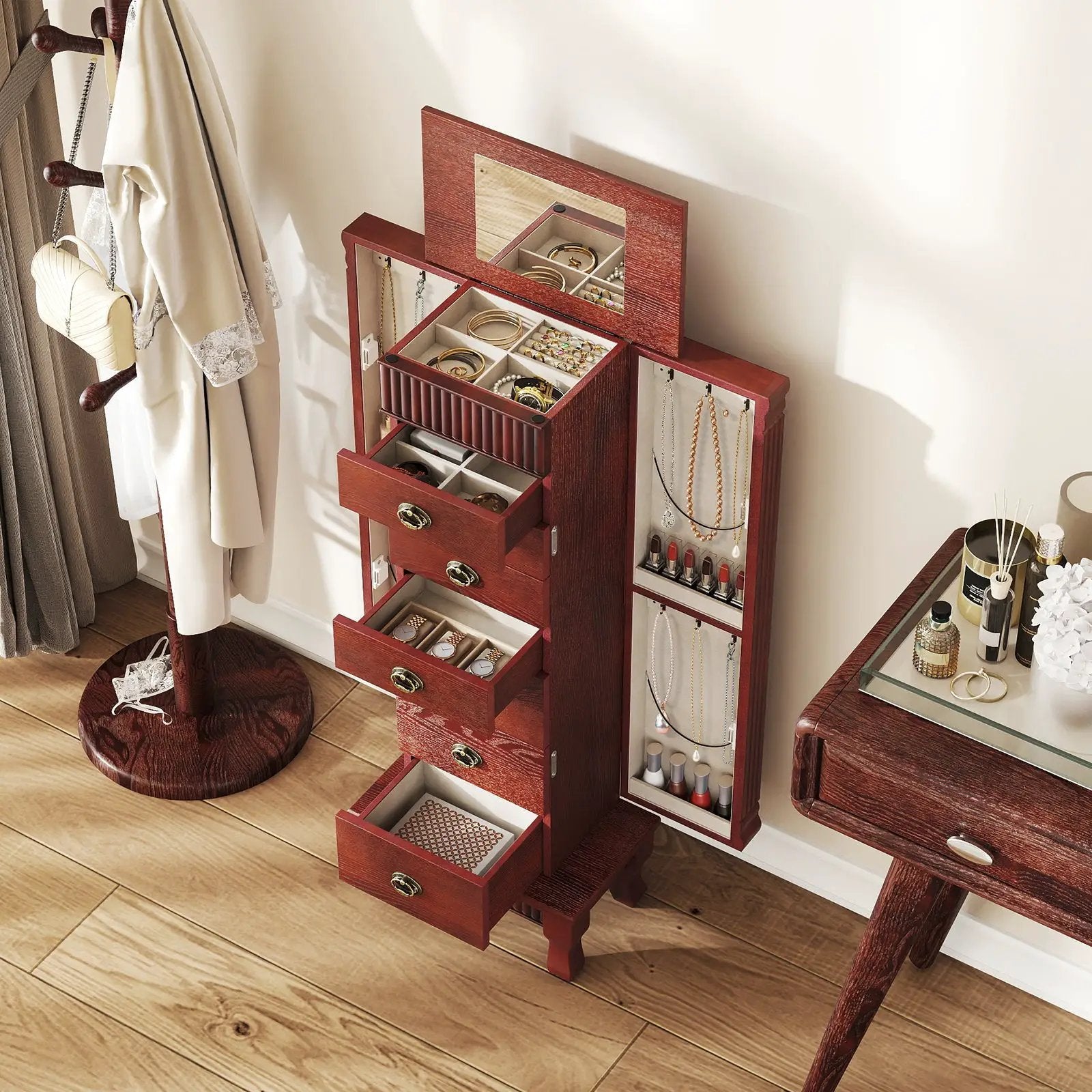Wooden Jewelry Armoire Cabinet Storage Chest with Drawers and Swing Doors by DirectDeals