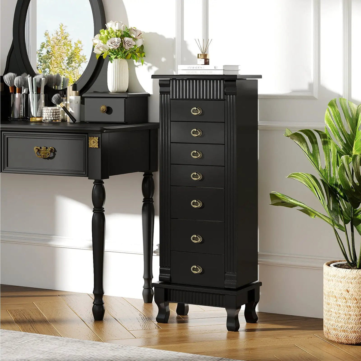 Wooden Jewelry Armoire Cabinet Storage Chest with Drawers and Swing Doors, photo 6 of 32