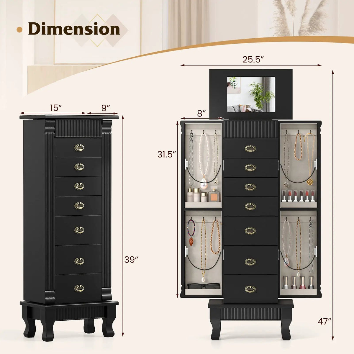 Wooden Jewelry Armoire Cabinet Storage Chest with Drawers and Swing Doors, photo 17 of 32