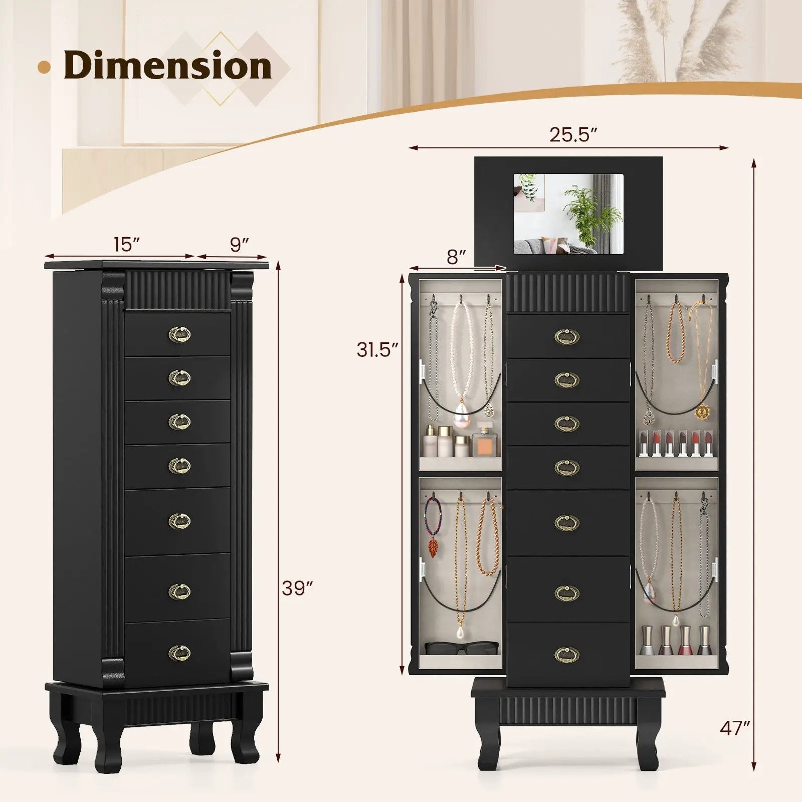 Wooden Jewelry Armoire Cabinet Storage Chest with Drawers and Swing Doors by DirectDeals