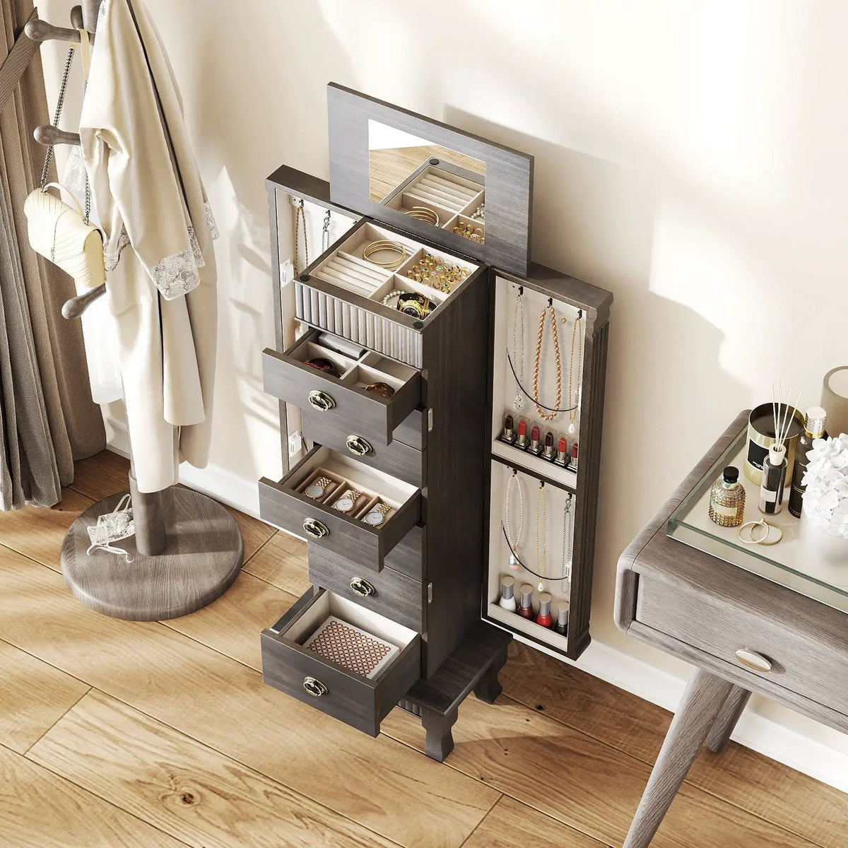 Wooden Jewelry Armoire Cabinet Storage Chest with Drawers and Swing Doors, photo 22 of 32