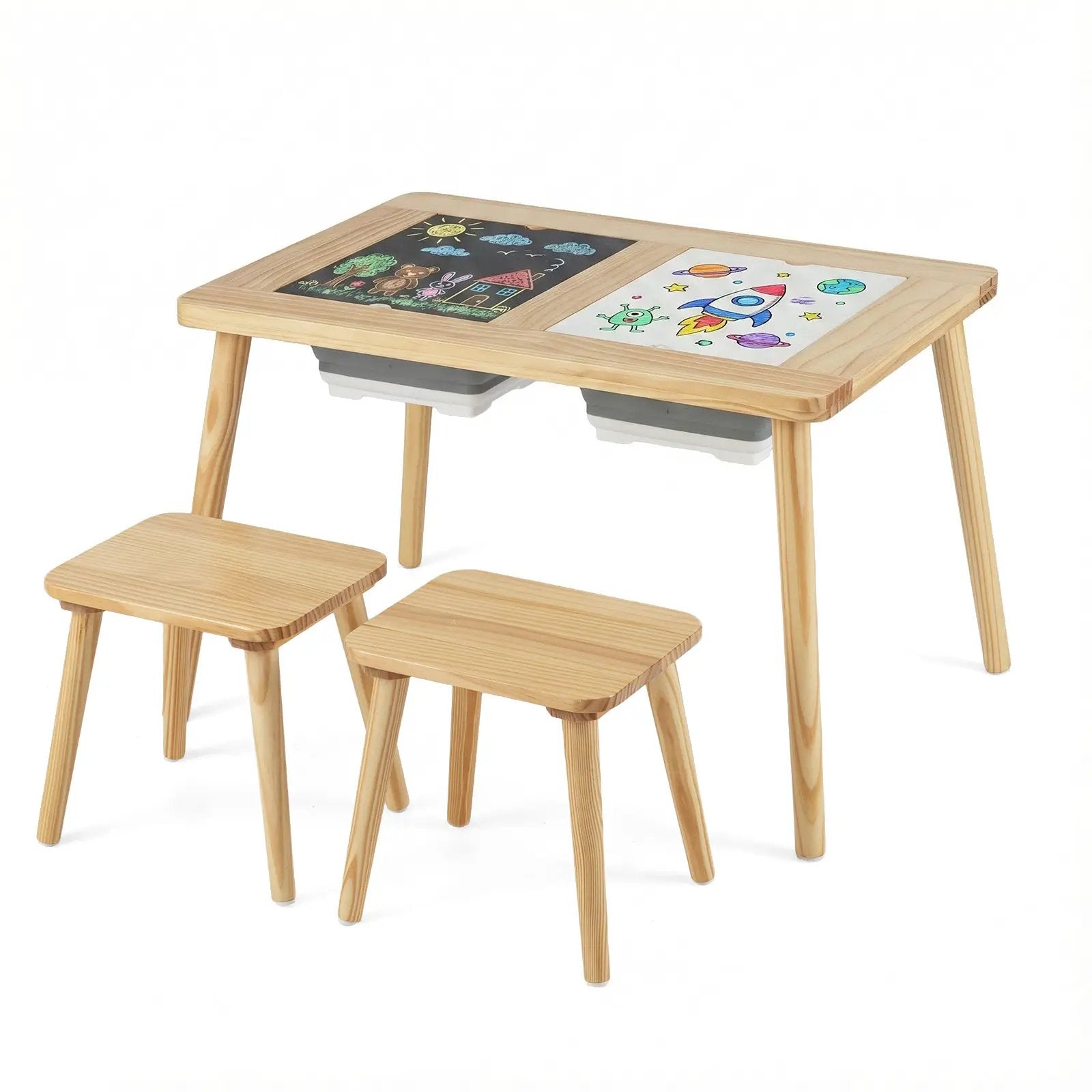 Wooden Kids Activity Table Set with 2 Foldable Storage Bins-Natural by DirectDeals