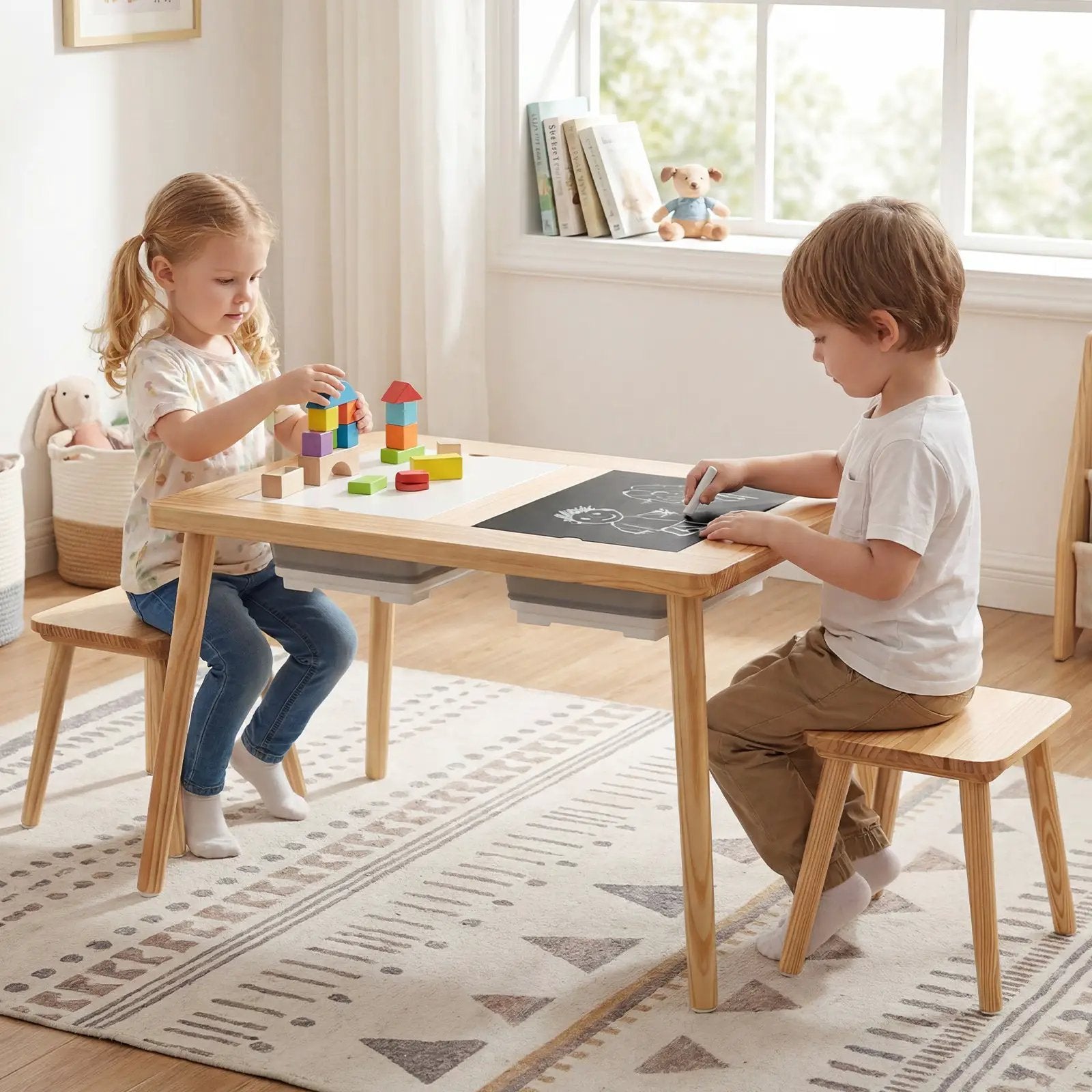 Wooden Kids Activity Table Set with 2 Foldable Storage Bins-Natural by DirectDeals