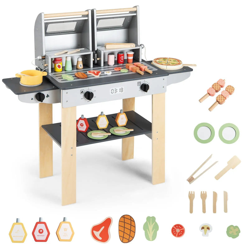 Wooden Kids Barbecue Grill Playset Kids Toy Grill with Abundant Grilling Tools and Play Foods by DirectDeals