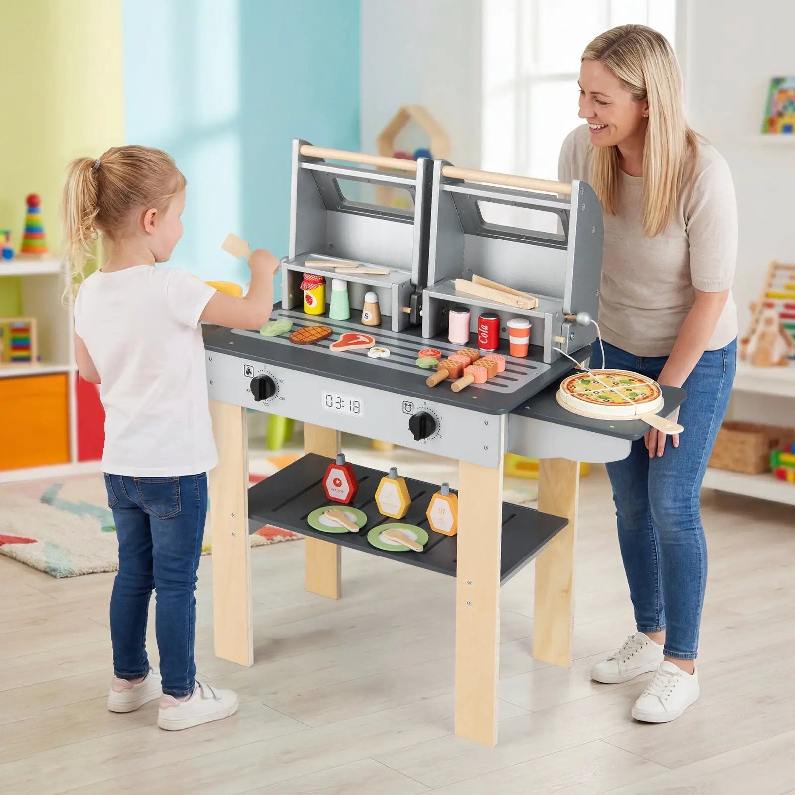 Wooden Kids Barbecue Grill Playset Kids Toy Grill with Abundant Grilling Tools and Play Foods by DirectDeals