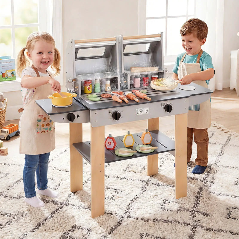 Wooden Kids Barbecue Grill Playset Kids Toy Grill with Abundant Grilling Tools and Play Foods by DirectDeals