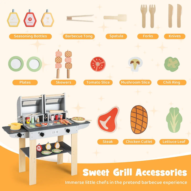 Wooden Kids Barbecue Grill Playset Kids Toy Grill with Abundant Grilling Tools and Play Foods by DirectDeals