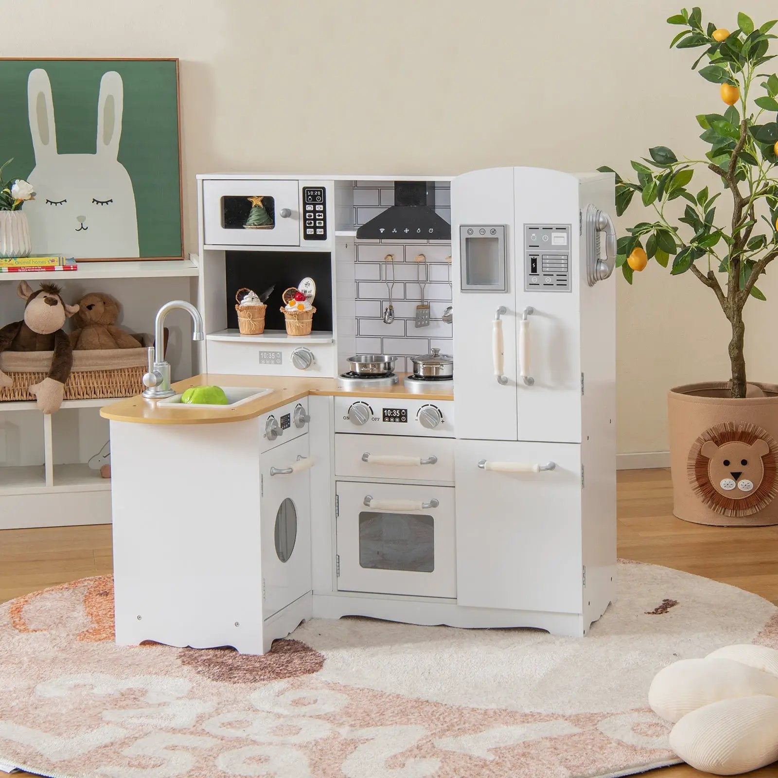 Wooden Kid's Corner Kitchen Playset with Stove for Toddlers-Natural & White by DirectDeals
